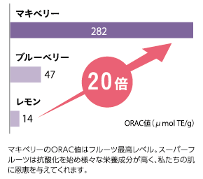 マキベリーのORAC-Hはフルーツ最高レベル。スーパーフルーツは抗酸化を始め様々な栄養成分が高く、私たちの肌に恩恵を与えてくれます。